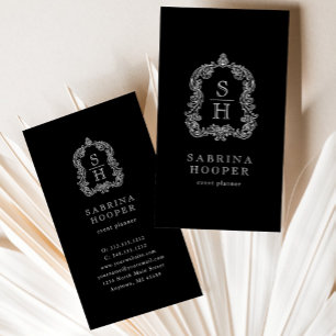 Elegant Monogram Crest Event Planner Black White Business Card
