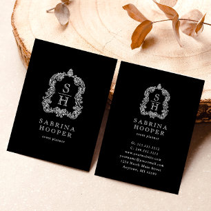 Elegant Monogram Crest Event Planner Black White Business Card