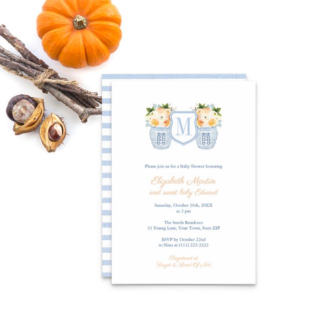 Elegant Monogram Crest Fall Baby Shower Party Invitation (Fall Floral Monogram Baby Boy Shower Invitation)