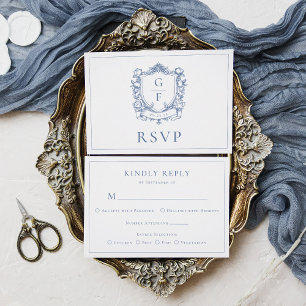 Elegant Monogram Crest French Roses Blue Wedding RSVP Card