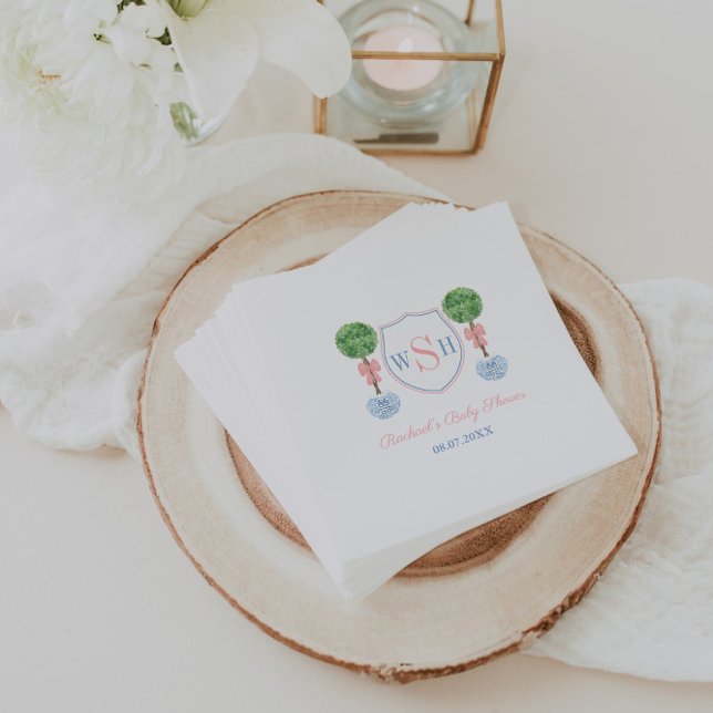 Elegant Monogram Crest Girl Baby Shower Party Napkin (Preppy baby girl shower napkin design with boxwood topiary and pink bow and 3 letter monogram crest)