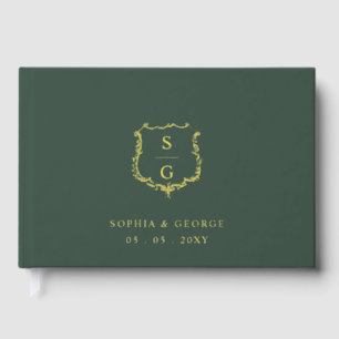 Elegant Monogram Crest Green Gold Wedding Guest Book