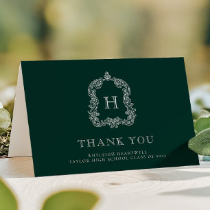 Elegant Monogram Crest Green White Graduation Thank You Card