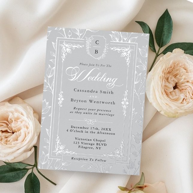 Elegant Monogram Crest Grey Silver Frame Wedding  (Elegant Monogram Crest Gray Silver Frame Wedding Foil Invitation)