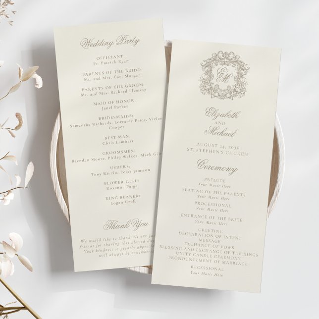 Elegant Monogram Crest Ivory Wedding Program Programme (Creator Uploaded)