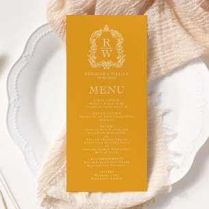 Elegant Monogram Crest Marigold Yellow Wedding Menu