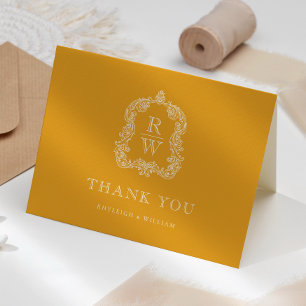Elegant Monogram Crest Marigold Yellow Wedding Thank You Card