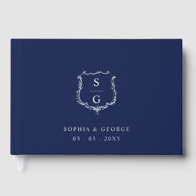 Elegant Monogram Crest Navy and Silver Wedding Guest Book (Front)