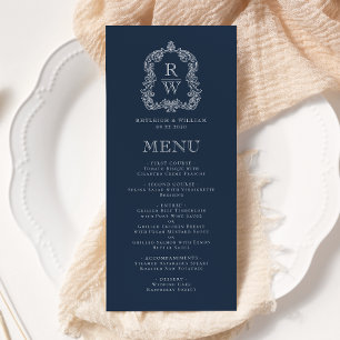 Elegant Monogram Crest Navy Blue Wedding Menu