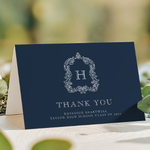 Elegant Monogram Crest Navy Blue White Graduation Thank You Card