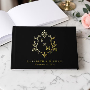 Elegant Monogram Crest Photo Black Wedding Guest Book