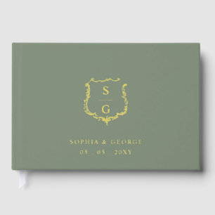 Elegant Monogram Crest Sage and Gold Wedding Guest Book
