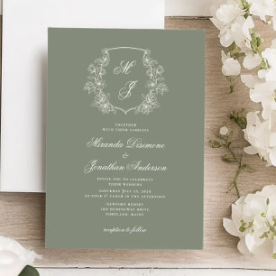 Elegant Monogram Crest Sage Green Wedding Invitation