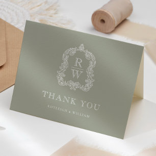 Elegant Monogram Crest Sage Green Wedding Thank You Card