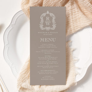 Elegant Monogram Crest Taupe Wedding Menu