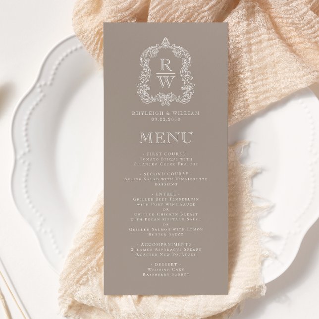 Elegant Monogram Crest Taupe Wedding Menu (Creator Uploaded)