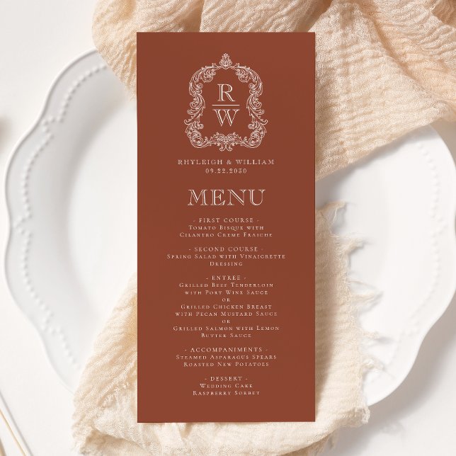 Elegant Monogram Crest Terracotta Wedding Menu (Creator Uploaded)