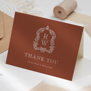 Elegant Monogram Crest Terracotta Wedding Thank You Card