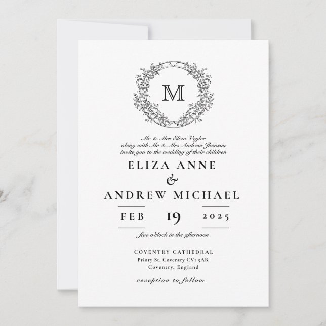 Elegant Monogram Crest Vintage Wedding  Invitation (Front)