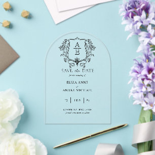 Elegant Monogram Crest Wedding Acrylic Invitations