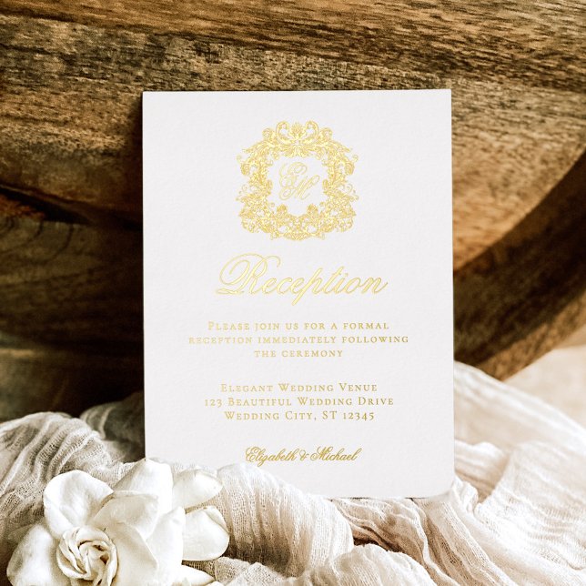 Elegant Monogram Crest Wedding Reception Foil Card (Creator Uploaded)