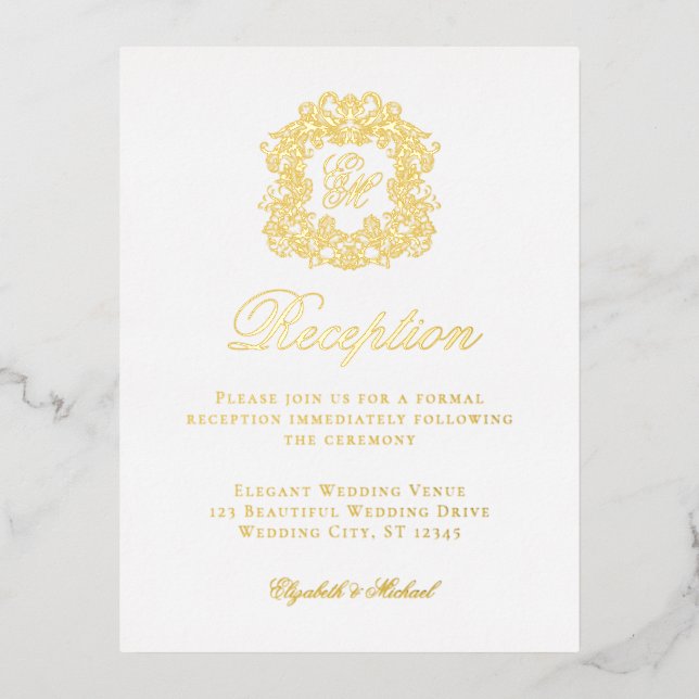 Elegant Monogram Crest Wedding Reception Foil Card (Front)