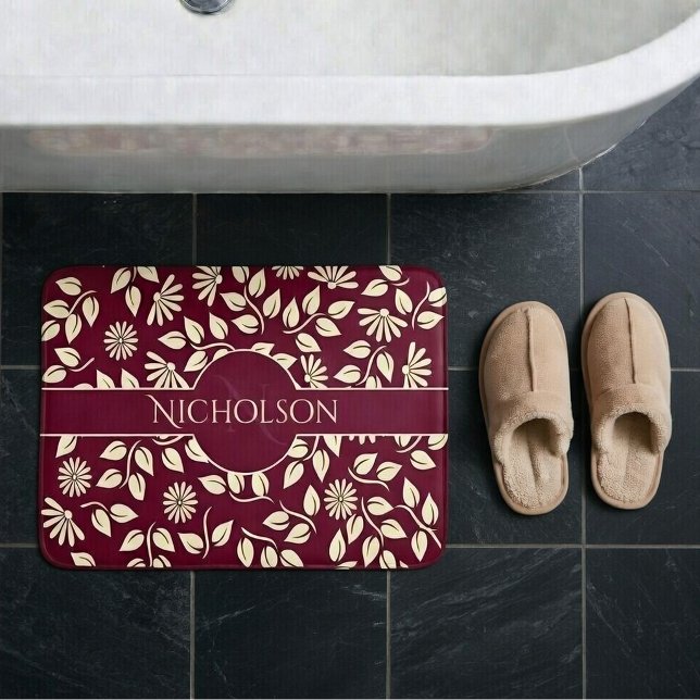 Elegant Monogram Custom Name Leaf Daisy Burgundy Bath Mat (Pastel yellow retro flowers and leaves on burgundy bathmat with template name and monogram.)