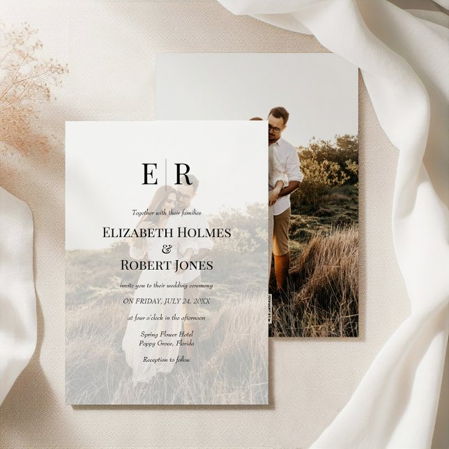 Elegant Monogram Custom Photo QR Code Wedding  Invitation (Elegant Monogram Custom Photo QR Code Wedding Invitation on an elegant silky tablecloth)