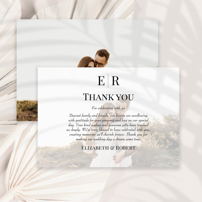 Elegant Monogram Custom Photo Wedding Thank You Card (Elegant Monogram Custom Photo Wedding Thank You Card on a sunny neutral dry palm leaf.)