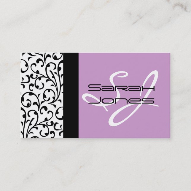 Elegant Monogram Damask Business Card Lilac (Front)
