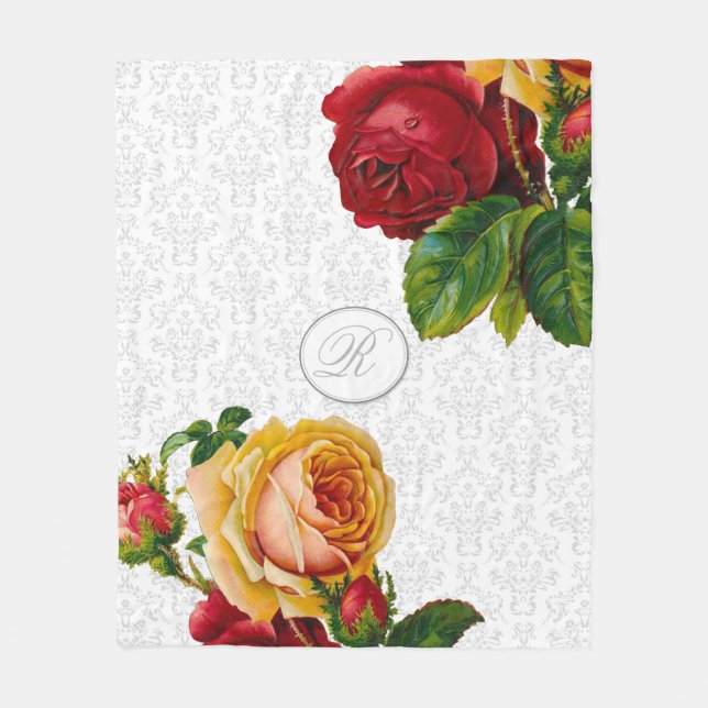Elegant Monogram Damask Floral Fleece Blanket (Front)