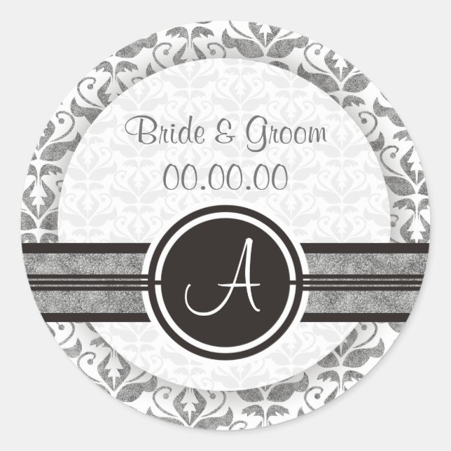 Elegant Monogram Damask Save The Date Stickers (Front)