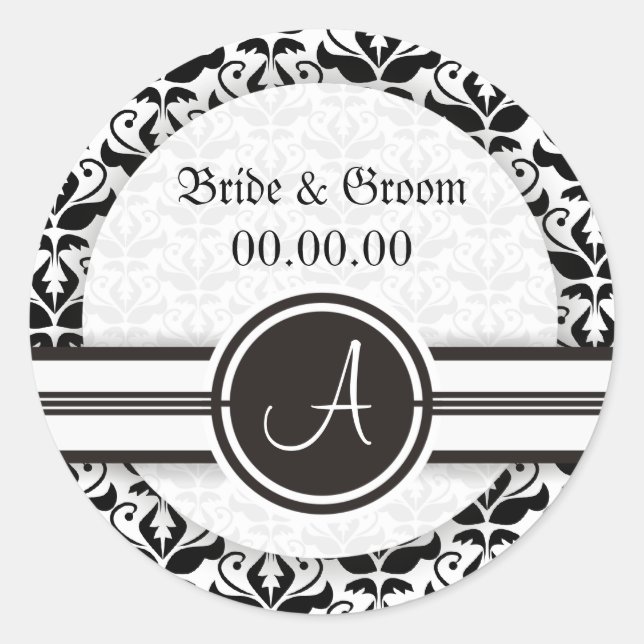Elegant Monogram Damask Save The Date Stickers (Front)