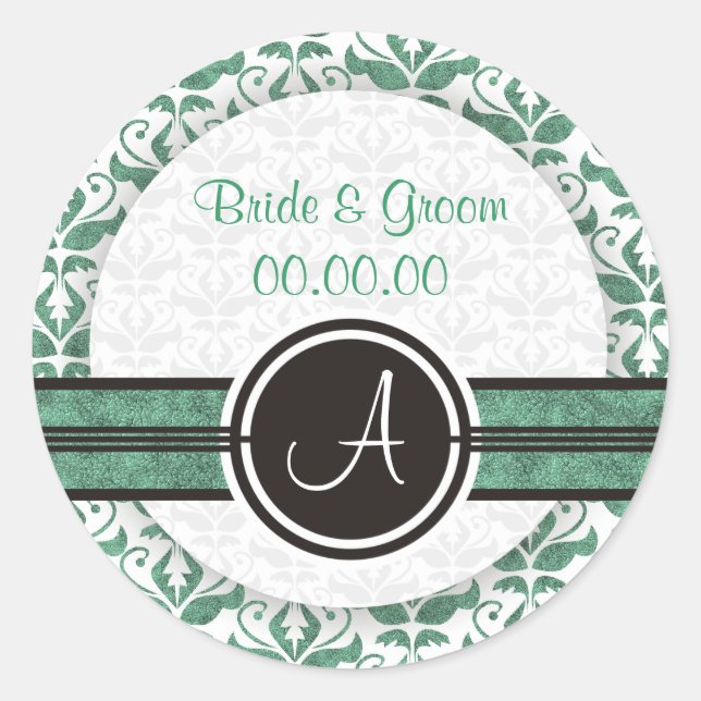 Elegant Monogram Damask Save The Date Stickers (Front)