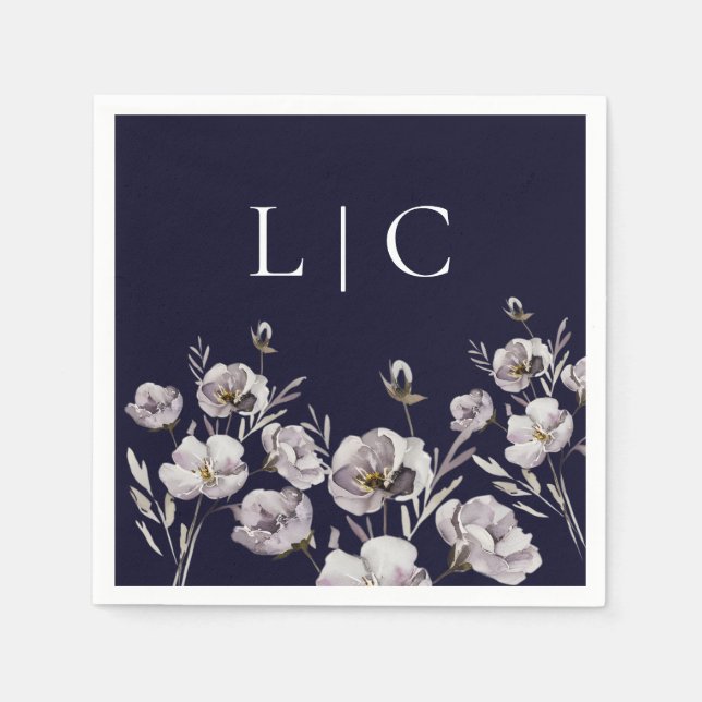 Elegant monogram dark navy watercolor flower napkin (Front)