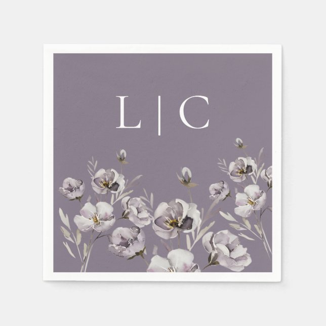 Elegant monogram dark purple watercolor flower napkin (Front)