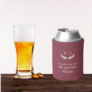 Elegant Monogram Dark Red Jewel Tone Wedding  Can Cooler