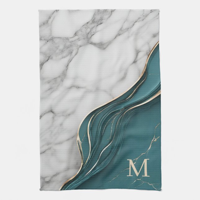 Elegant Monogram Dark Teal Gold Marble Tea Towel (Vertical)