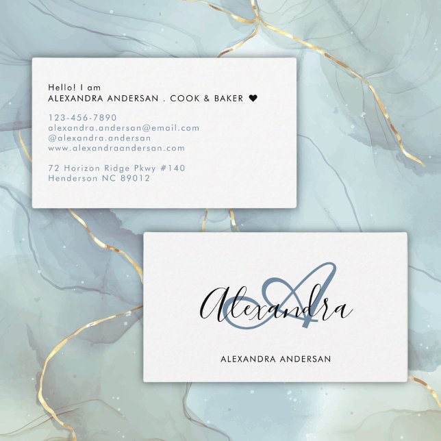 Elegant Monogram Dusty Blue Black Script Name Business Card (Elegant Monogram Dusty Blue Black Script Name Business Card)