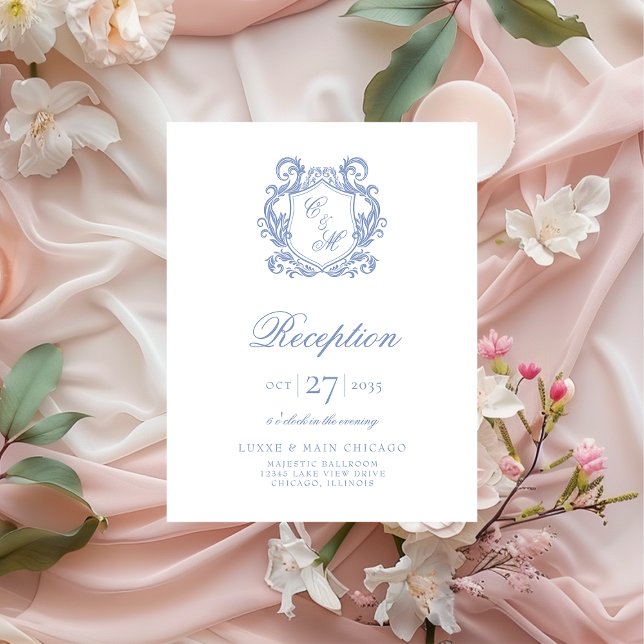 Elegant Monogram Dusty Blue Crest Reception Enclosure Card (Creator Uploaded)