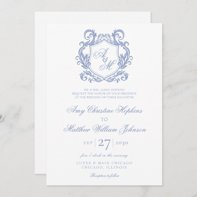 Elegant Monogram Dusty Blue Crest Wedding Invitation (Front/Back)
