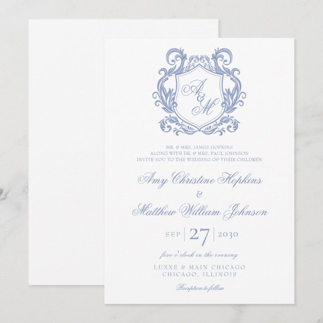 Elegant Monogram Dusty Blue Crest Wedding Invitation (Front/Back)