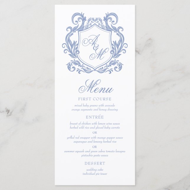 Elegant Monogram Dusty Blue Crest Wedding Menu (Front)