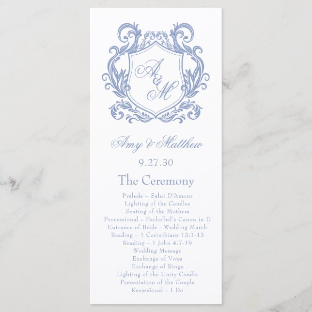 Elegant Monogram Dusty Blue Crest Wedding Programme (Front)