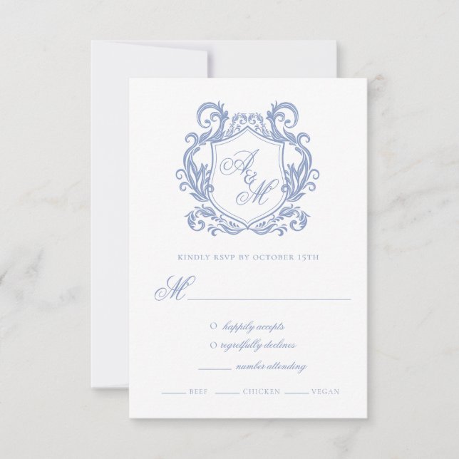 Elegant Monogram Dusty Blue Crest Wedding RSVP Card (Front)