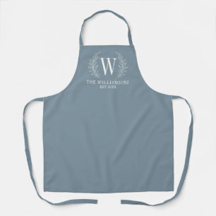 Elegant Monogram Dusty Blue Family Name Apron
