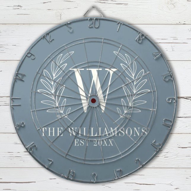 Elegant Monogram Dusty Blue Family Name Dartboard (An elegant dusty blue laurel leaf monogram Dartboard. Personalize it with you Initial and name.)
