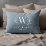 Elegant Monogram Dusty Blue Family Name Decorative Cushion<br><div class="desc">This blue and white throw pillow is decorated with a laurel leaf monogram and your name and wedding date. A cosy addition to your home decor. Makes a great for weddings and anniversaries. Personalise it with your Initial, name and wedding date. Comes in a variety of colours. Designed for you...</div>