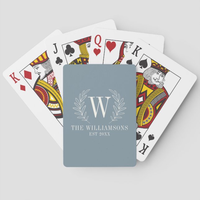 Elegant Monogram Dusty Blue Family Name Playing Cards (Back)