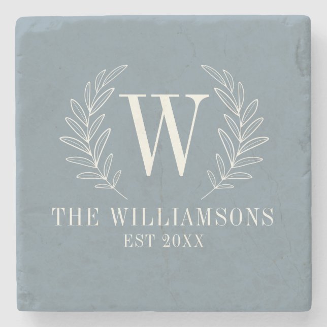 Elegant Monogram Dusty Blue Family Name Stone Coaster (Front)